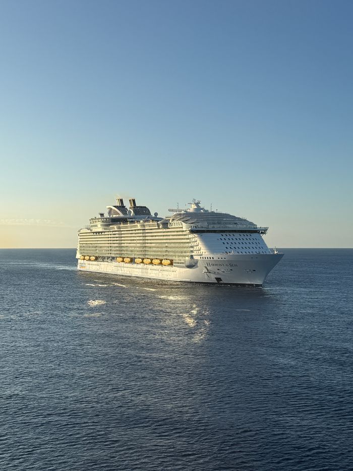 Elegant cruise ship navigating the calm ocean under clear skies.